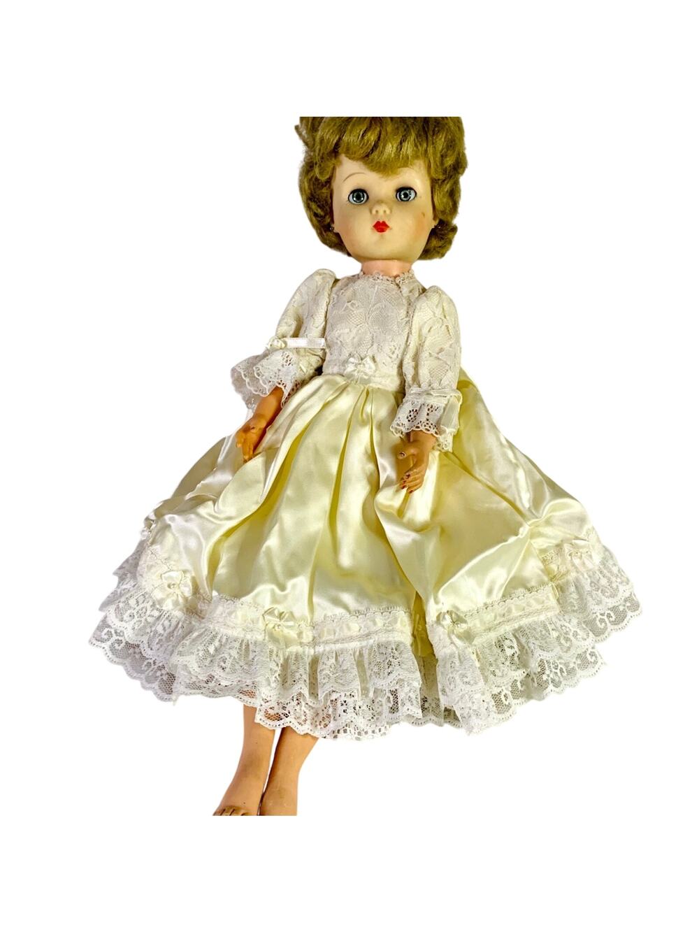 Vintage 1950s Baby Doll Blonde Hair Sleepy Eyes 12" White Christening Gown